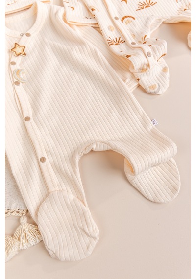 Babymod Güneş Desenli 4'lü 100% Pamuk Kız Erkek Bebek Tulum Set Ekru