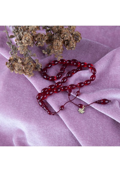 Ateş Kehribar Beyzi Kesim Bilek Boy 5.5x8.5mm Tesbih - Koyu Kırmızı Kırmızı