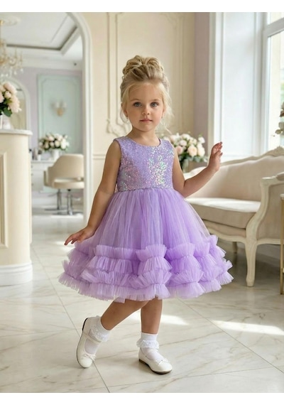Butikhappykids Kız Çocuk Lila Payetli Volanlı Tüllü Prenses Abiye Elbise 1-5 Yaş Lila