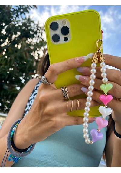 Les Petites Mains Renkli Kalp Detaylı İnci Telefon Askısı
