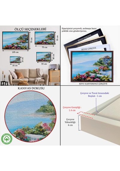 Çerçeveli Rengarenk Çiçekler Arasındaki Deniz Manzaralı Ev Duvar Tablosu-3633