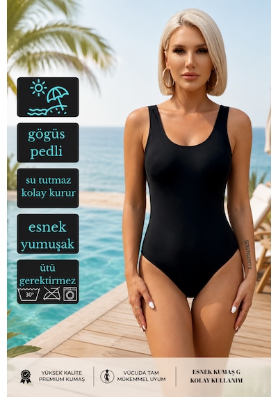 Mrm Pro Kadın Siyah Düz Renk Toparlayıcı Basic Mayo Pedli Esnek Kumaş Deniz Havuz Plaj Mayosu