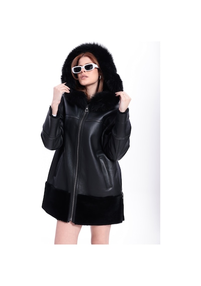 M M Marki Marki Kadın Hakiki Deri Kaban, İçi Kürklü, 85 Cm, Kapüşonlu, Oversize, Siyah Kışlık - 120222