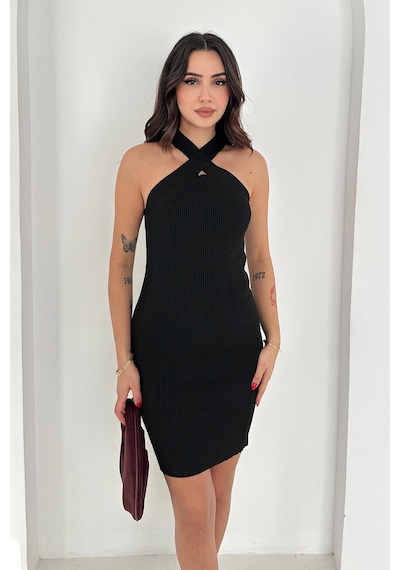 Asprin Fashion Çapraz Yaka Triko Elbise Siyah Siyah