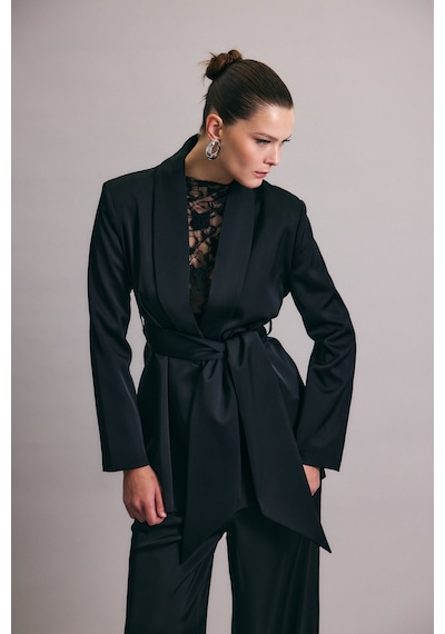 Sateen Kuşaklı Saten Ceket - Siyah-137006 Siyah