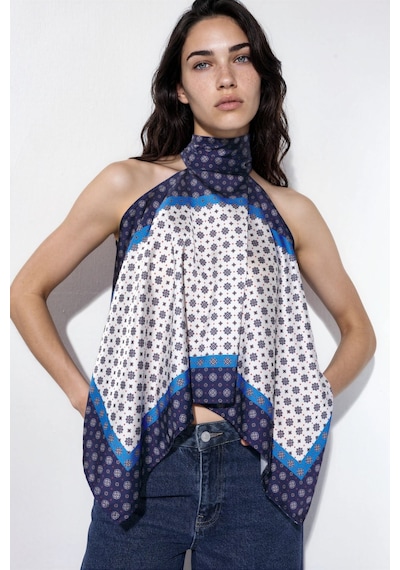Hiccup Halter Yaka Saten Fular Top Mavi