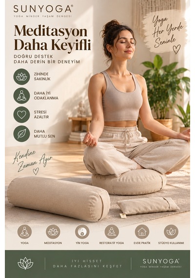 3 Lü Yoga Meditasyon Seti Karabuğday Dolgulu Zafu Minder, Bolster Ve Lavantalı Göz Yastığı Ekru