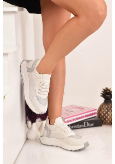 Kadın Kalın Tabanlı Taş Detaylı Sneaker Spor Ayakkabı Beyaz