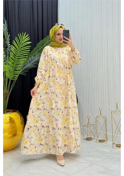 Neşeli Butik Kadın Sarı Boydan Düğmeli Çiçek Desenli Yazlık Tesettür Elbise Nms098