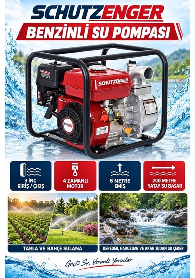 9 Hp 3 Inç Çıkışlı Benzinli Su Pompası 200 Mt Yatay Su Basar 4 Zamanlı Motor Turbo Güç Kırmızı