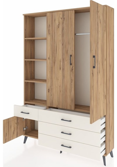 Arges Dolap 5 Raflı 4 Çekmeceli Tek Askılı 132x30x195 Çam-çam... Çam