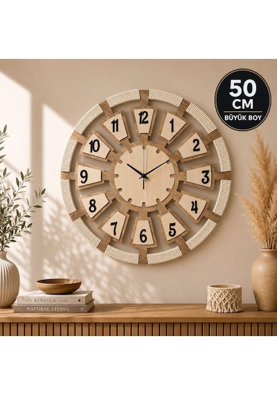 50 Cm Makrome Detaylı Dekoratif Duvar Saati Atlantik Çam Mdf Modern Salon Saati Diğer