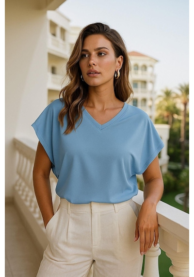 Kadın Mavi Viskon Ön Arka V Yakalı T-shirt Yarasa Kol Relaxed Bluz Çok Renkli