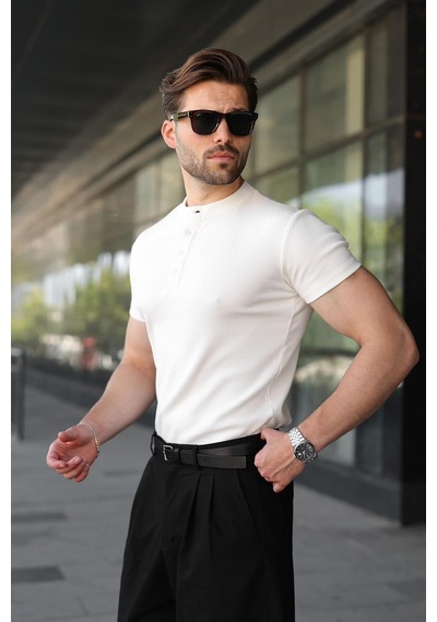 Madmext Ekru Slim Fit Hakim Yaka Triko Erkek Tişört E7189