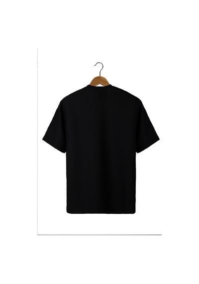 Siyah Bürümcük Kumaş Oversize Kalıp Bisiklet Yaka Cepli T-shirt Siyah