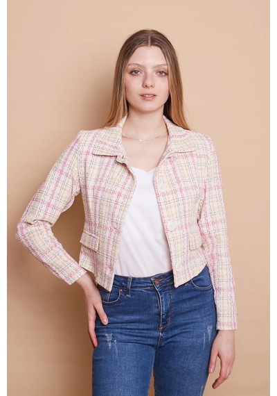 Önü Düğmeli Cep Kapaklı Tüvit Blazer Kısa Ceket-krem Ekose Krem Ekose