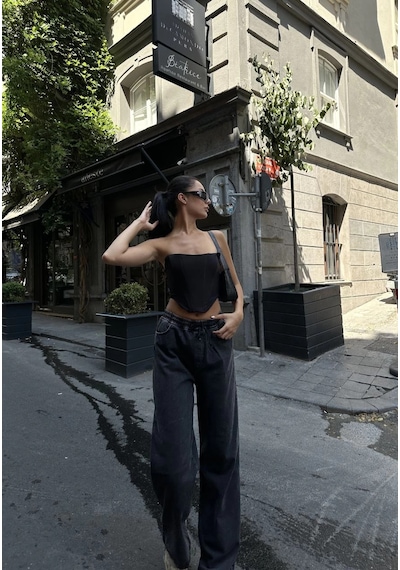 Genel Marka Arkadan Yırtmaçlı Jeans Kot Palazzo Pantolon - Siyah - Renkli