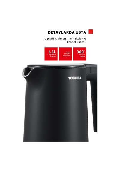 Toshiba Cool Touch KT-15PS1WCIS K Gizli Rezistanslı 1.5 L Siyah Su Isıtıcı Kettle