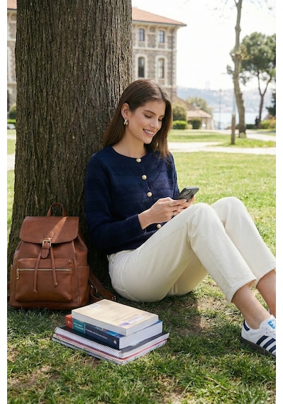 Lela Premium Regular Fit Bisiklet Yaka Düğmeli Dokulu Triko Bayan Hırka 680Hi00337 Lacivert