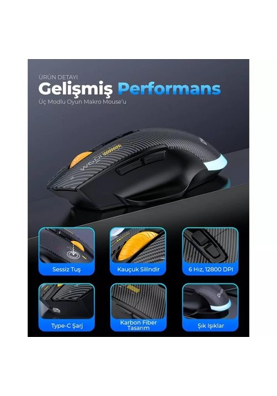 Mkespn Sxs-w601 7 Tuşlu Gaming Mouse Karbon Fiber 3 Modlu Kablolu - Bluetooth - Usb Alıcılı 12800 Dpı Makro Tanımlı Oyun Faresi -