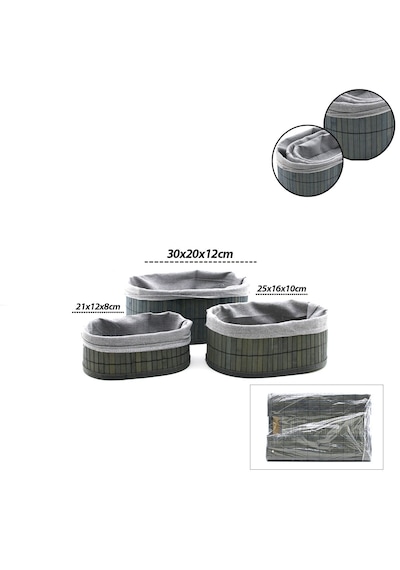 Go İthalat Gri 3 Boy Oval Bambu Kenar Organizer Sepet Ahşap Altlık - Bezli 12x21-16x25-20x30cm