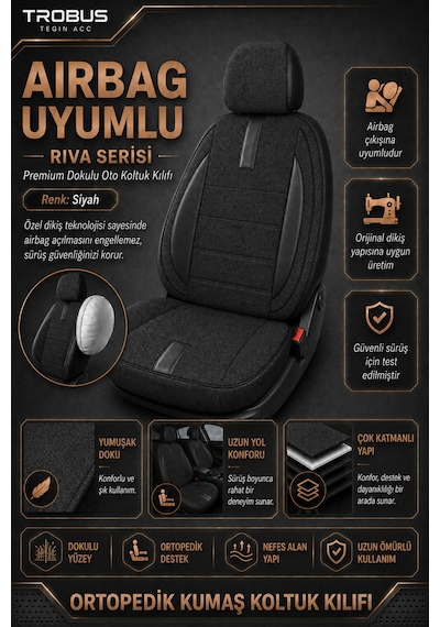 Citroen Berlingo 2004-2018 Uyumlu Riva Serisi 2+1 Ticari Siyah Ortopedik Koltuk Kılıfı