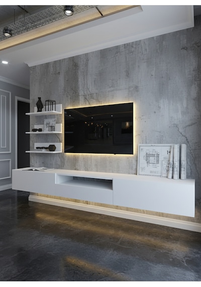 Resital Ledli Duvara Monte Tv Sehpası - Beyaz - W6018-1 Beyaz