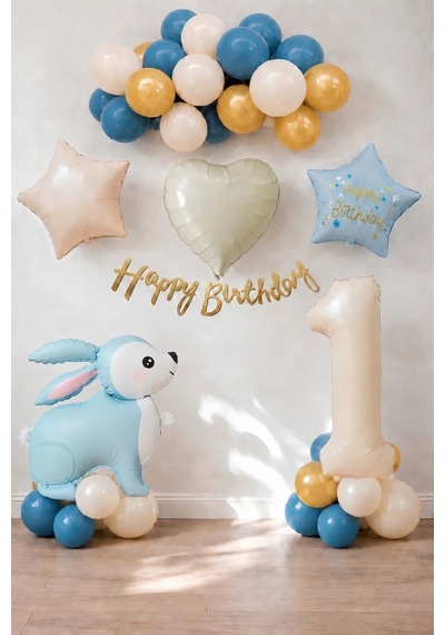 Mavi Tavşan Temalı 1 Yaş Doğum Günü Balon Seti
