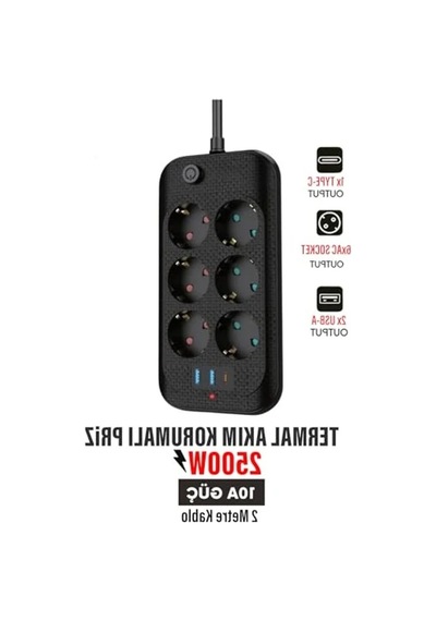 2 Metre Kablosu Olan 6'lı Grup Priz, Usb Ve Type-c Girişleri 0