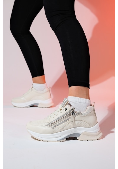 Luvishoes Oude Ekru Kadın Fermuarlı Kalın Taban Spor Sneakers Ekru