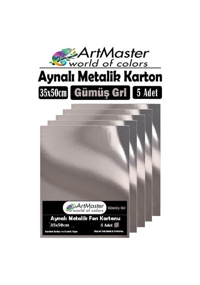 Gümüş Gri Renkli 35x50 Metalik Aynalı Fon Kartonu 5 Adet 1 Paket Artmaster Metalik Aynalı Fon Kartonu Gümüş