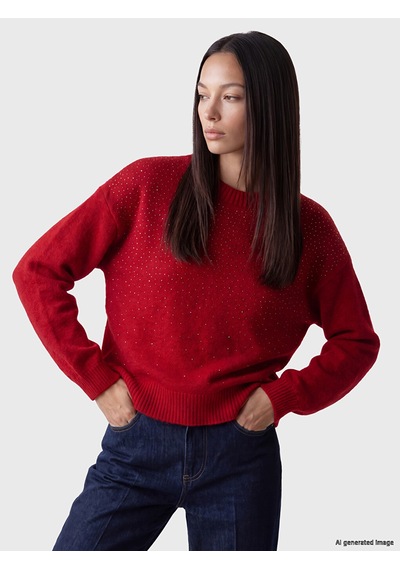 Lcw Everyday Kırmızı Taşlı Oversize Kadın Triko Kazak