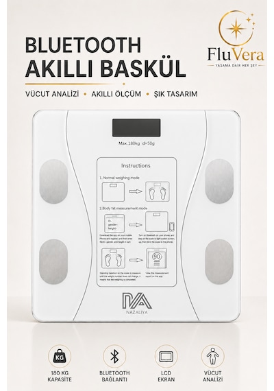 Pilli Bluetooth Akıllı Baskül Vücut Yağ Su Kas Vücut Kitle Endeksi Analizli Dijital Tartı 180 Kg 50 Gr Hassasiyet Bmı Yağ Su Kas Ölçer