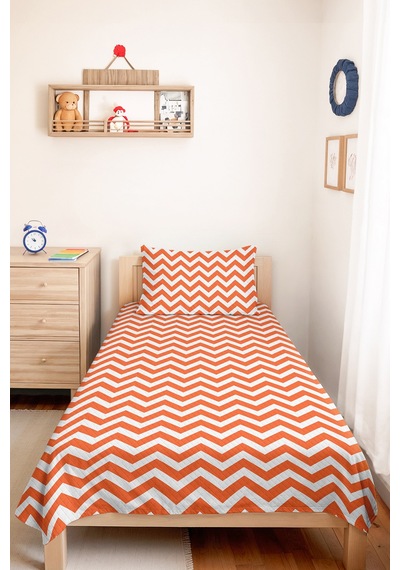Turuncu Zigzag Geometrik Genç Odası Tek Kişilik Pike Takımı - Modern Chevron 160x220 Cm Yatak Örtüsü Mumlu Duman Kıyımı