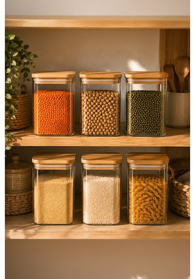 Porsima 5-3 Bambu Vakumlu Kapaklı Kare Borsilikat Cam 6lı Kavanoz Seti Saklama Kabı 750ml 7,5x15cm Ahşap - Şeffaf