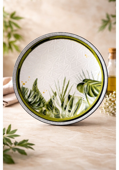 Yeşil Tropikal Desenli Pasta Tabağı Seti 6 Adet 20 Cm - Modern Şık Sunum Tabakları Koyu Yeşil