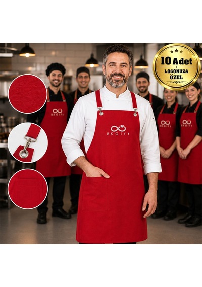Logonuza Özel 10 Adet Kırmızı Profesyonel Mutfak Önlüğü - Su İticili Pamuk Kumaş Şef Önlüğü Bitmeyencom37877- Bk Kurumsal