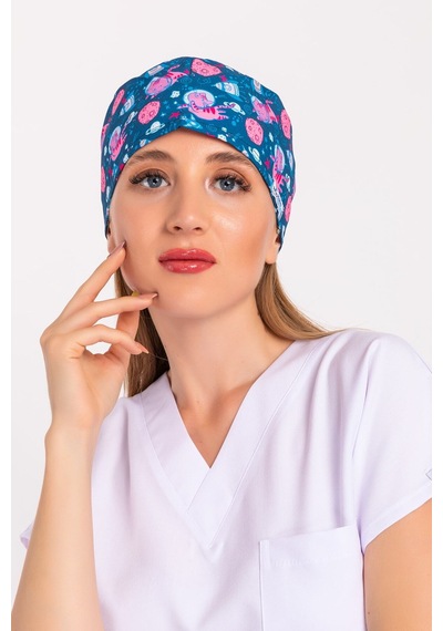 Unisex Uzaylı Kedi Temalı Doktor Hemşire Hastane Medikal Cerrahi Bone Pembe Pembe