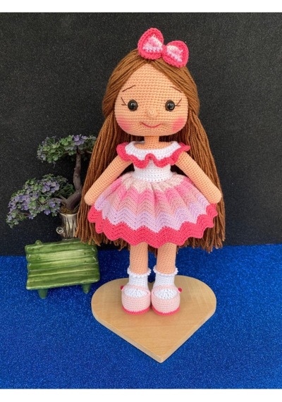 Simaystore Amigurumi Organik Oyuncak Pembe Karnaval Tokalı Örgü Bebek