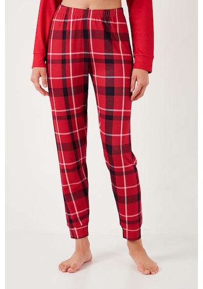 Lela Streç Standart Fit Bisiklet Yaka Desenli Bayan Pijama Takımı 6095700 Kırmızı