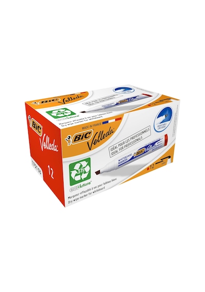 Tr Bıc Velleda 1751 Eco Kesik Uçlu Beyaz Tahta Kalemi, Kırmızı, 12'li Kutu, 3,7 Mm İle 5,5 Mm Kalın Uç,kuru Siline Genel