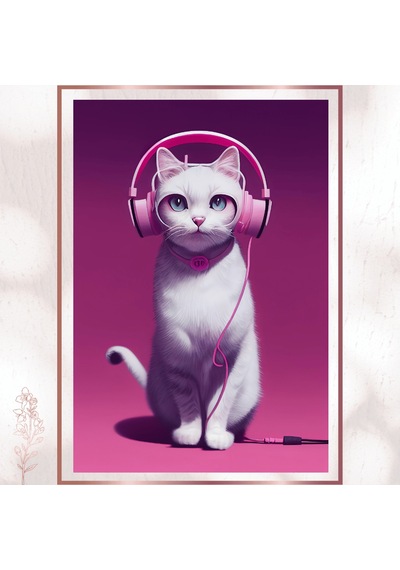 Dj Kedi - Pembe Kulaklıklı Modern Sevimli Pvc Tablo