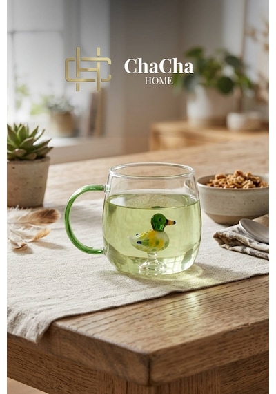 Chacha Home Figürlü Borosilikat Cam Kupa 350 Ml - Renkli Kulplu Bardak - El Yapımı Cam Figürlü Sunum Kupası Ördek Figür