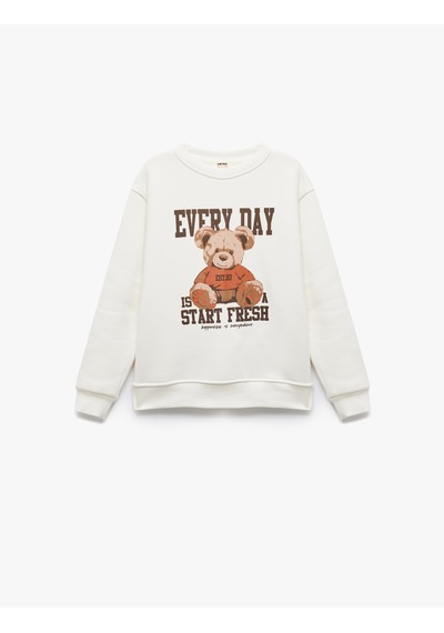 Koton Üç İplik Ayıcık Baskılı Uzun Kollu Bisiklet Yaka Sweatshirt Ekru 6wkg10380ak Ekru