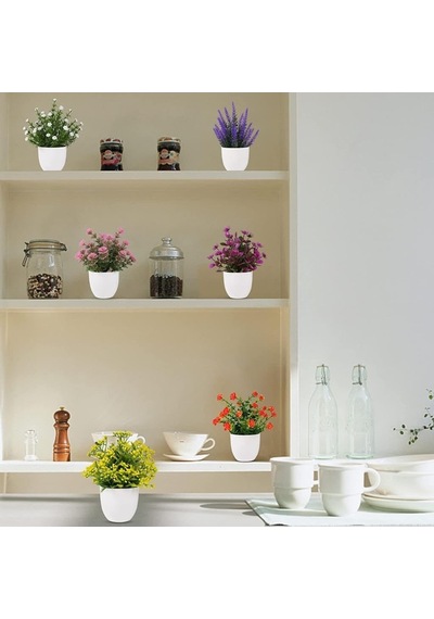 Nettenevime 6lı Set Yapay Çiçek Beyaz Saksıda 6 Çeşit Renkli Çiçekler Diğer