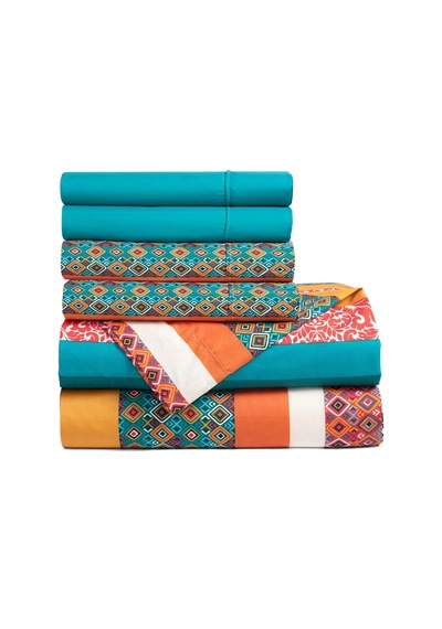 Boho Çizgili Yumuşak Çarşaf 6 Parça Set, Kraliçe, Turkuaz Ve Mandalina Çok Renkli