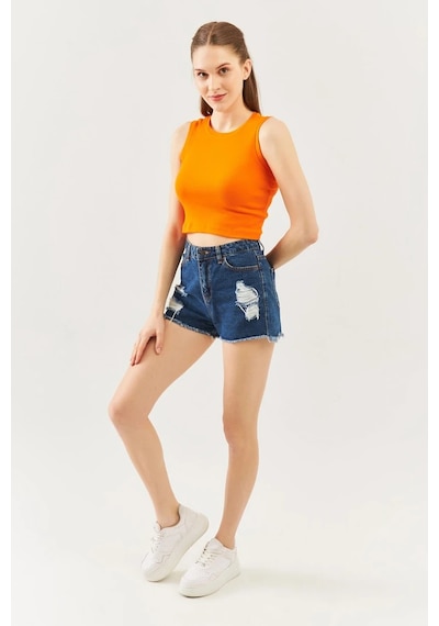 Butikgiz Kadın Sıfır Kol Bisiklet Yaka Vücuda Oturan %100 Pamuklu Kaşkorse Esnek Crop Bluz Turuncu