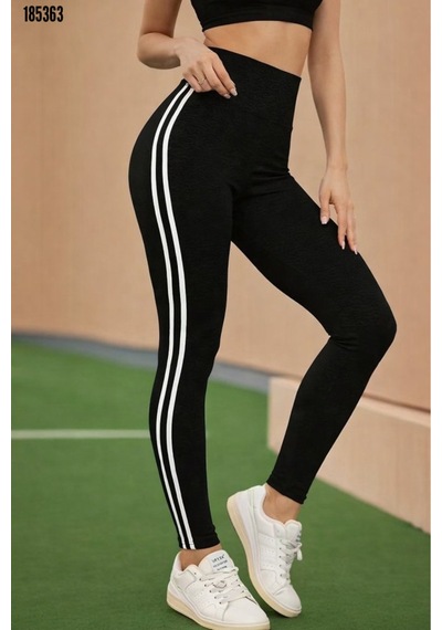 Butik İstanbul Kadın Yüksek Bel Yanları Şerit Detaylı Uzun Sporcu Tayt Siyah