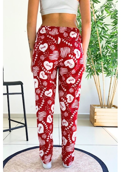 Farya Home Dreamy Soft Kadife Dokulu Desenli Süet Pijama Altı Pantolon Kırmızı