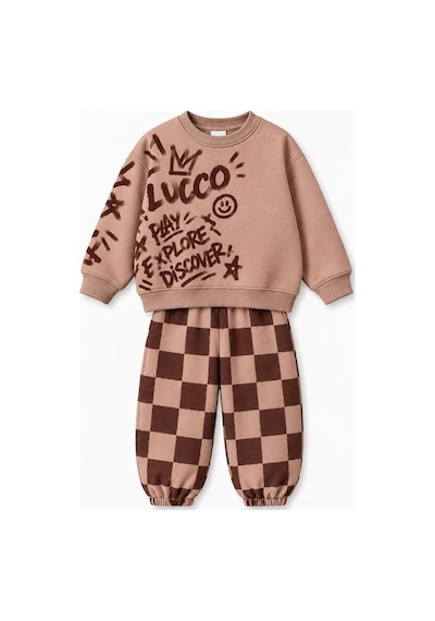 Zuzunga Erkek Çocuk Graffiti Baskılı Oversize Sweatshirt Ve Dama Desenli Bol Paça Eşofman Takımı Kahverengi Zuzunga Erkek Çocuk Graffiti Baskılı Oversize Sweatshirt Ve Dama Desenli Bol Paça Eşofman Takımı Kahverengi